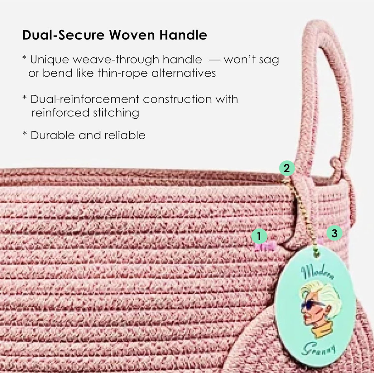 Modern Granny Large Cotton Rope Laundry Hamper 15x20 Inch Dual Secure Woven Handle for Living Room Closet Clothes Blanket Organization