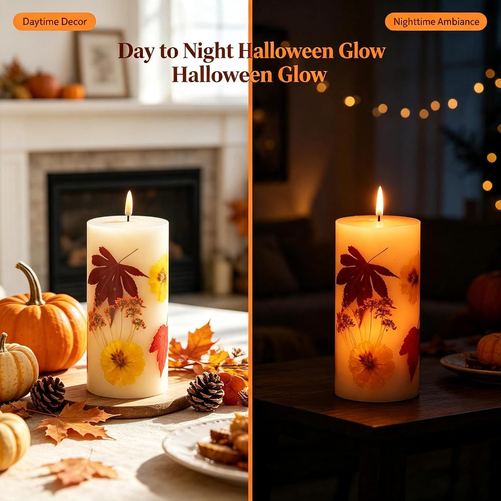 Fall Flameless Pillar Candles, Battery Operated with Remote & Timer, Real Wax Embedded Maple Leaf & Marigold, Straight Edge Unscented Led Candles for Halloween Thanksgiving Harvest Home Decor