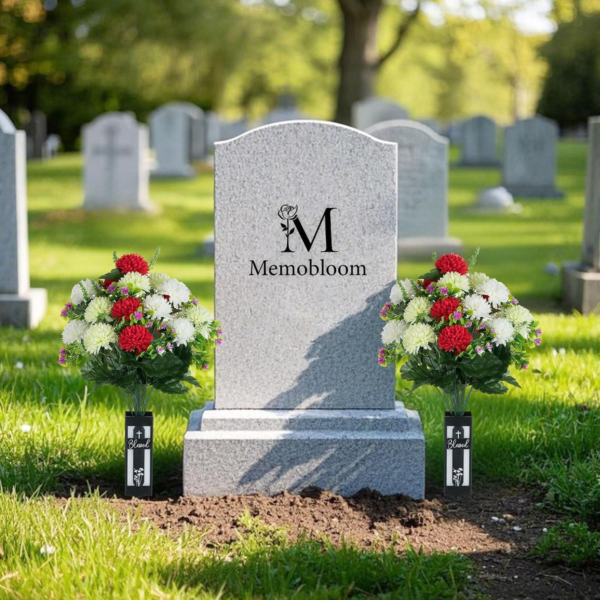 Artificial Cemetery Flowers for Grave: Fake Mums, 2 Pcs, 18 Heads