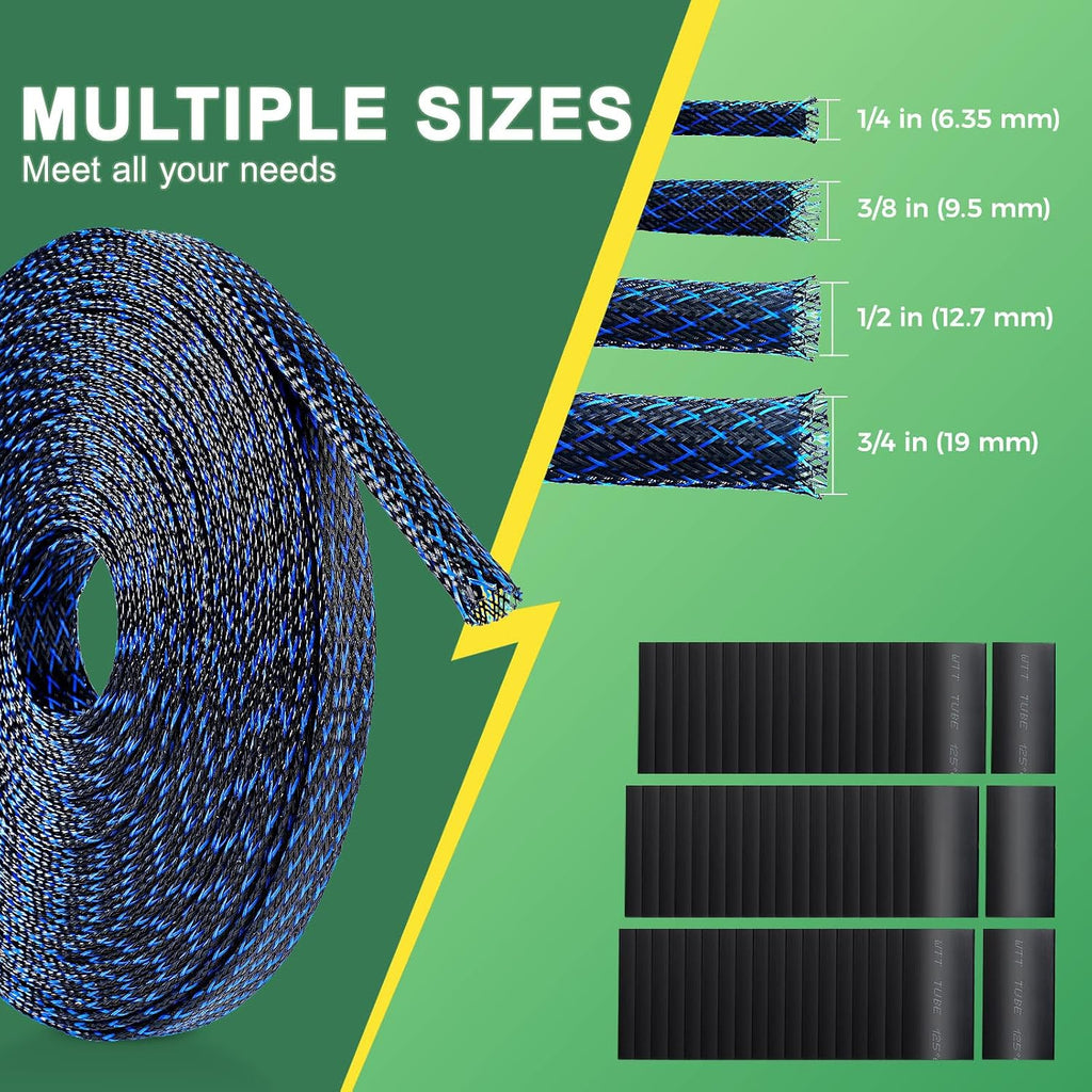 132 ft Expandable Braided Cable Sleeve Wire Loom PET Wire Sleeving，Wrap Management Mesh for Audio Video and Other Home Device Cable Automotive Wire - (1/2 Inch, 1/4 Inch, 3/8 Inch,3/4 Inch,Blue)