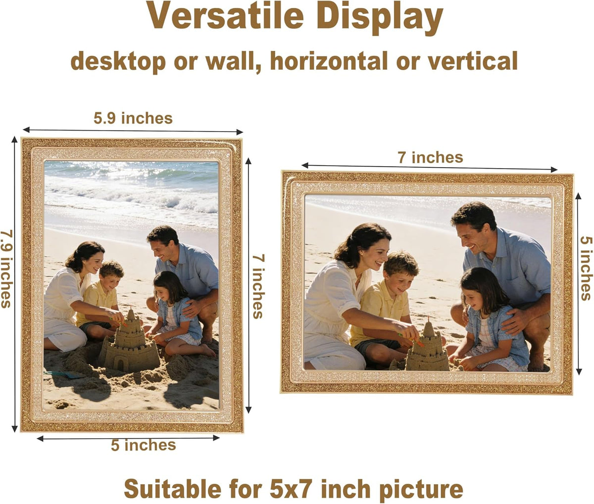 5x7 Gold Silver Picture Frame - Glittering Enamel Photo Frames with Real Glass & Velvet Back, 5 by 7 Metal Frame for Tabletop or Wall, Ideal Home Décor & Weddings Gifts (2PCS)