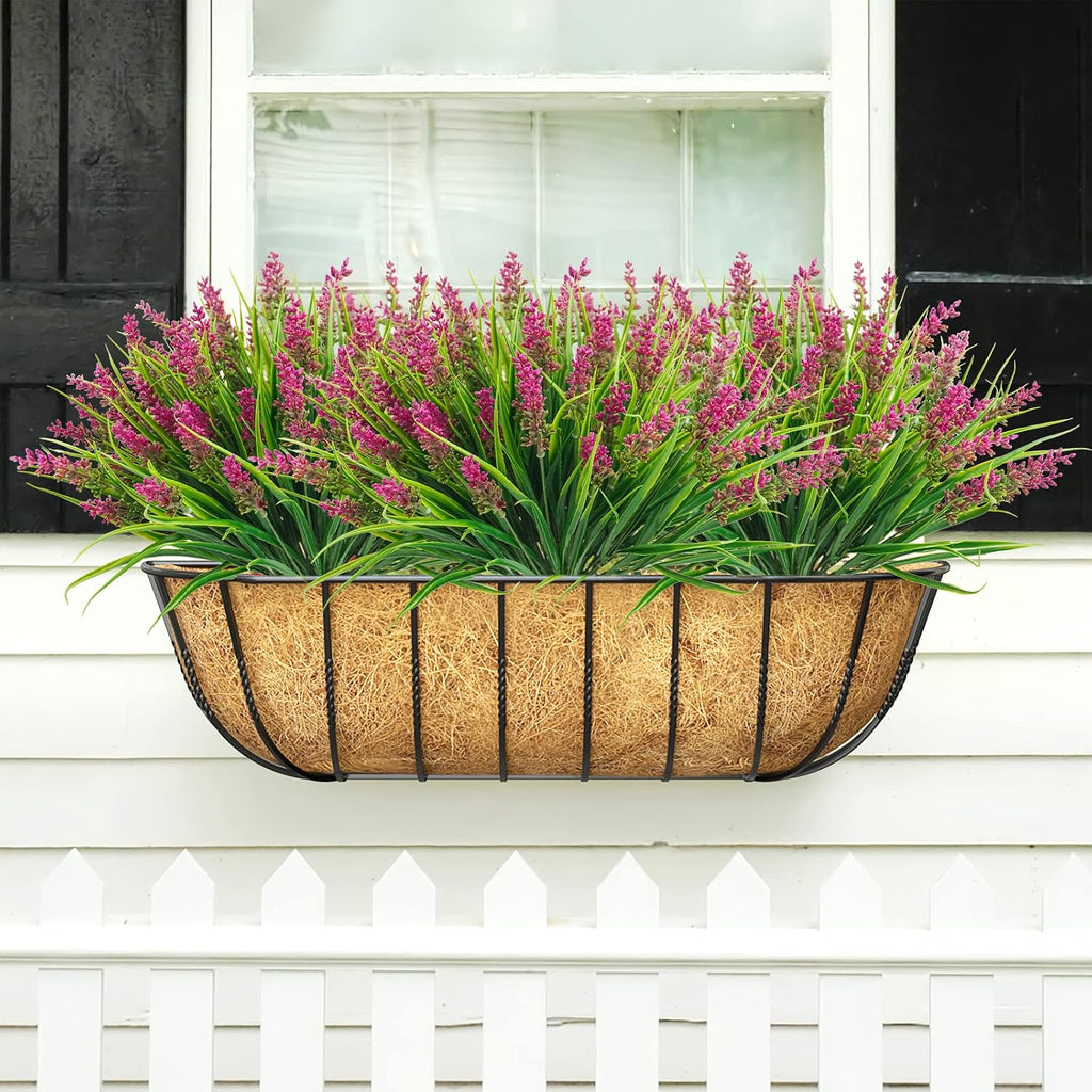 obbsie 36 Bundles Artificial Plants Outdoor, 18.2" UV Resistant Faux Monkey Grass Greenery Stems No Fade Faux Plastic Flowers Shrubs for Home Weddings Garden Porch Front Patio Office Decor - Rose Red