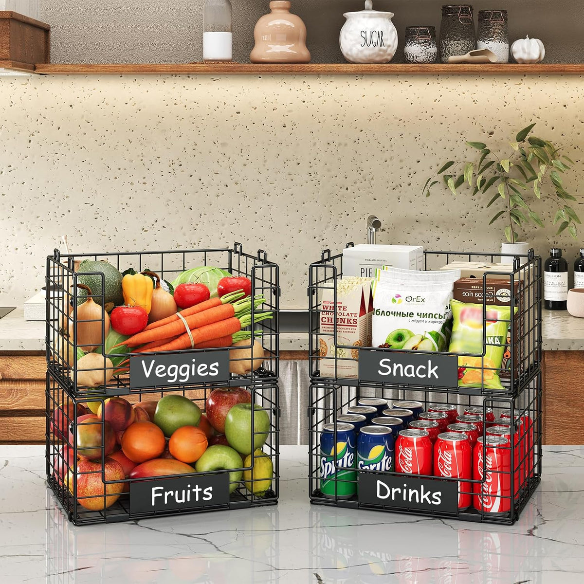 JKsmart 4 Pack XL Stackable Wire Baskets, Pantry Organizers and Storage