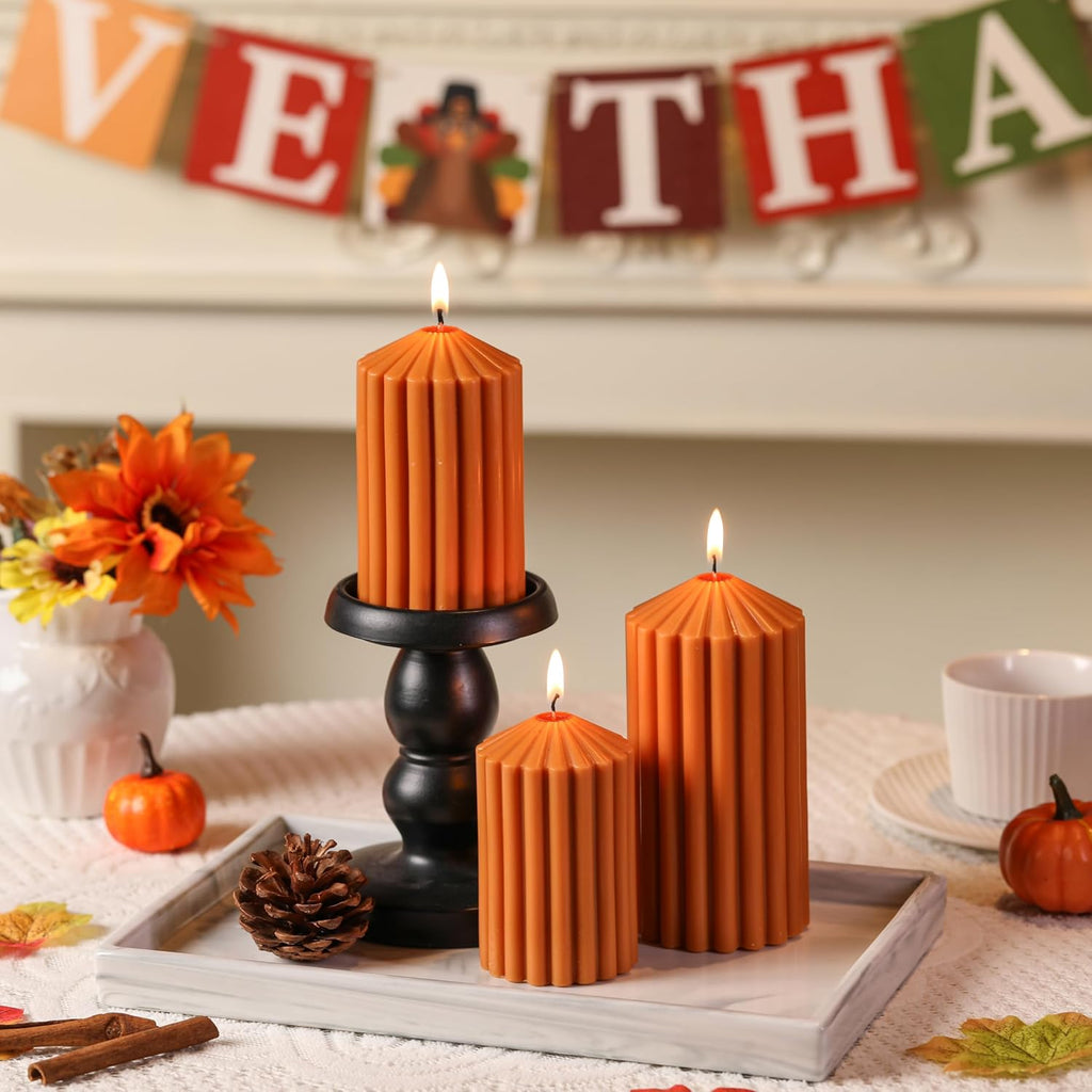 Brown Pillar Candles Set of 3, Fall Thanksgiving Candle Decor