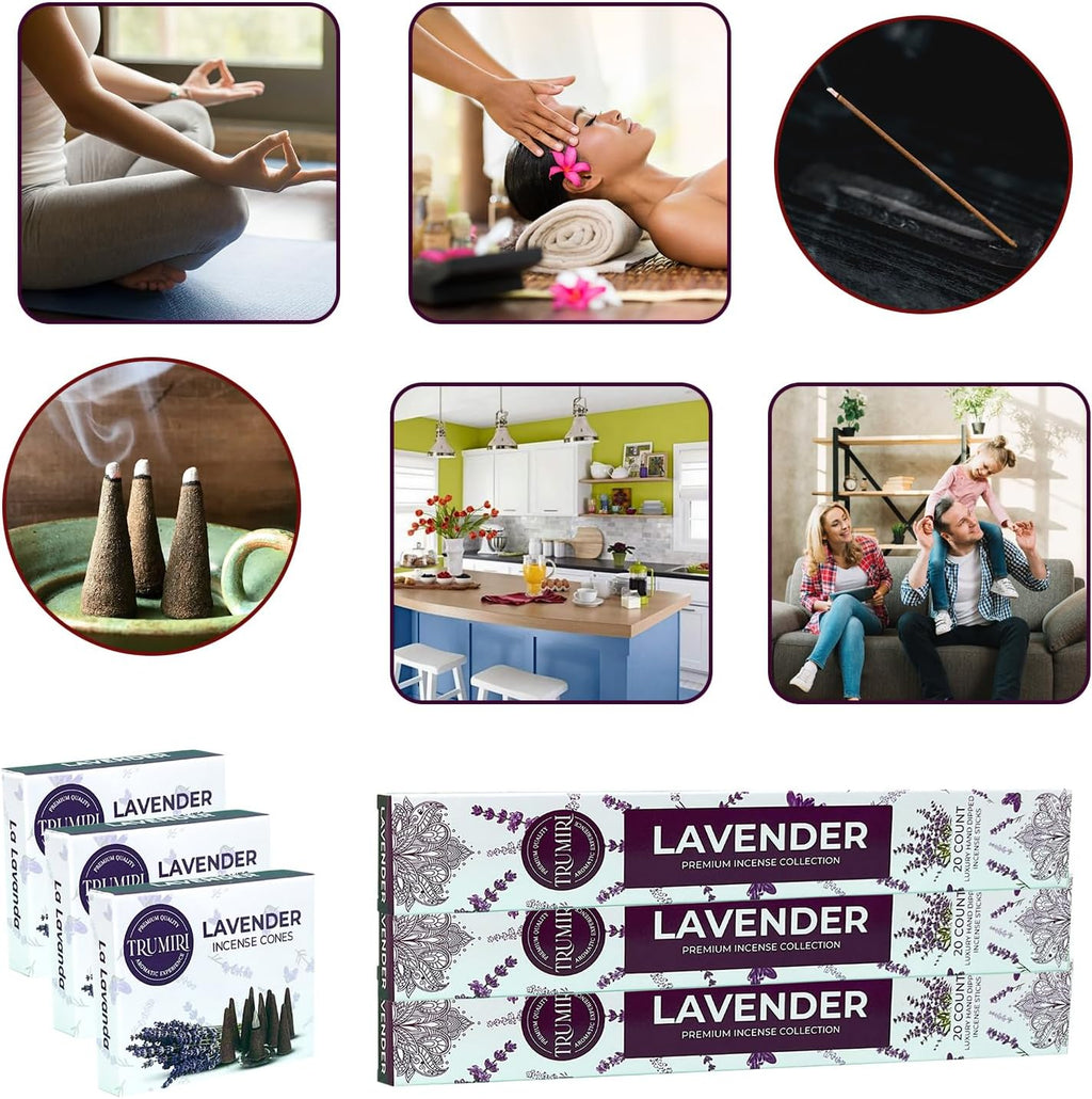 Lavender Incense Sticks & Incense Cones Combo Pack - 60 Insence-Sticks + 30 Insence Cones - Inscense - Incense Cones Scented - Insents
