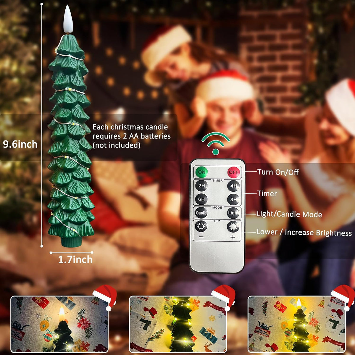 4Pcs Christmas Tree Taper Candles, Flameless Christmas Tree Candles with Remote, LED Battery Operated Candle with String Lights, 3D Flickering Candlesticks for Home Dinner Christmas Decorations