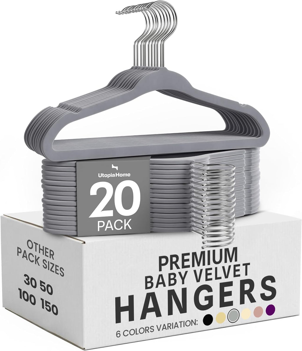 Utopia Home Kids Velvet Hanger 20 Pack – 11" Premium Baby Hangers - Grey
