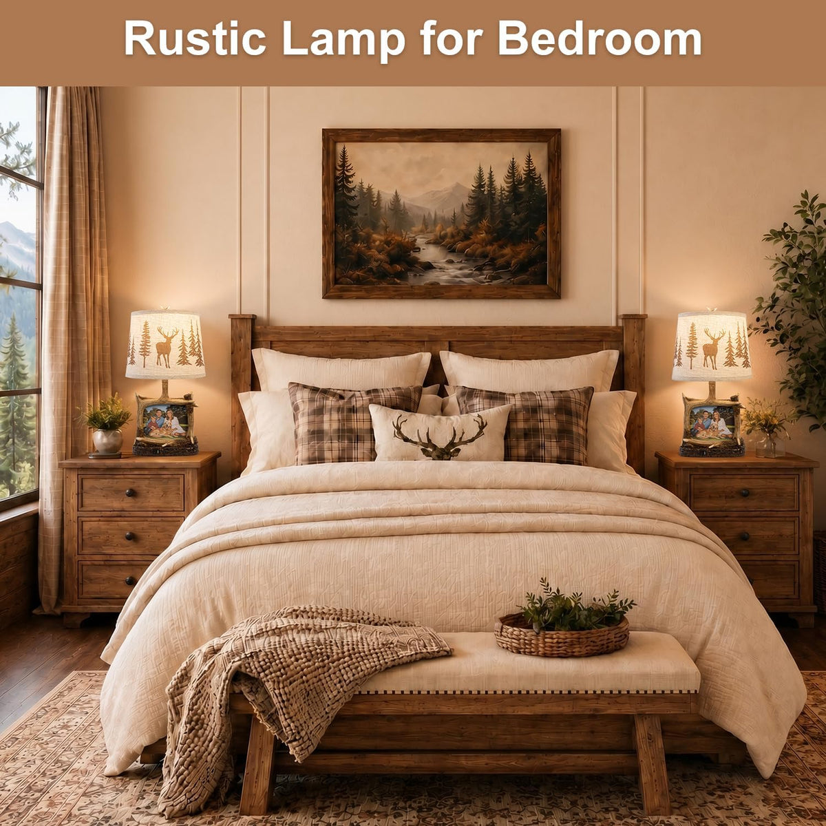 Dungoo 23" Rustic Antler Table Lamp with Picture Frame Lamp with USB-C Port