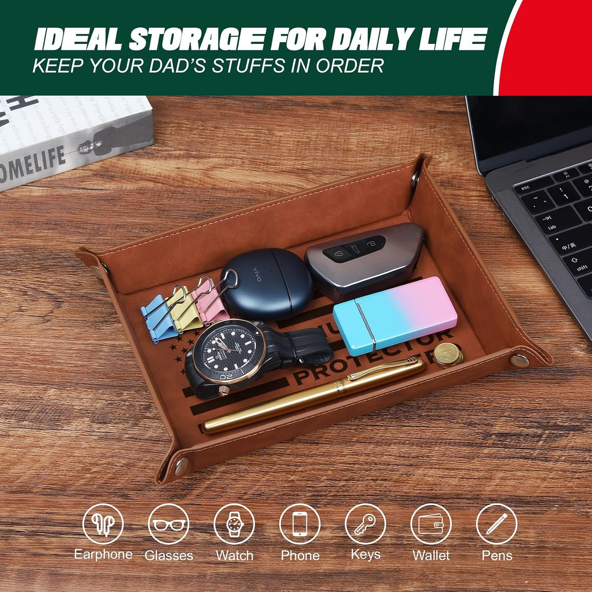 Fathers Day Dad Gifts for Husband Dad - Fathers Day Dad’s Gifts from Daughter Son Wife, Dads Birthday Gift - Christmas Ideal Gift for Dads, Husband, Stepdad, Men - PU Leather Tray
