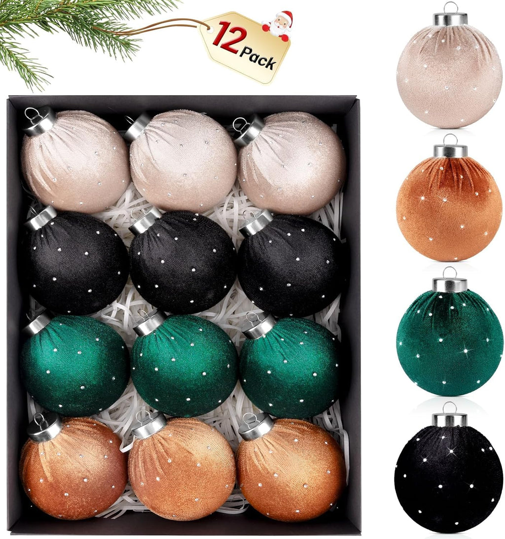 TonJin Christmas Tree Ornaments Velvet Balls 12 Pack, 3.15"/80mm Glitter Shatterproof Hanging Flocked Large Xmas Bulbs Decorations, Lightweight,Green Orange Black Neutral, Holiday Party Home Decor