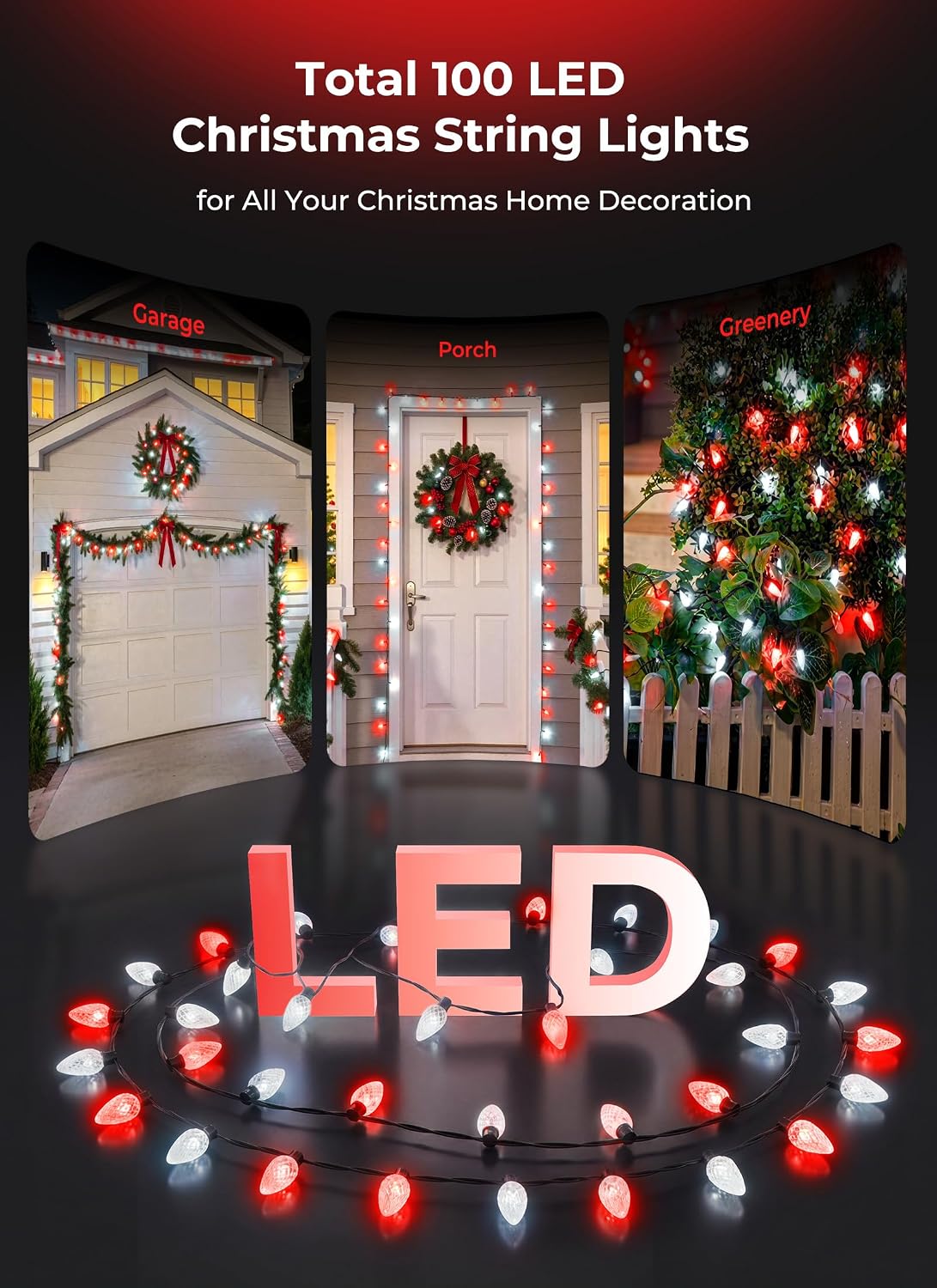 2 Pack Total 100 LED C6 Battery Operated Christmas Lights Red & White