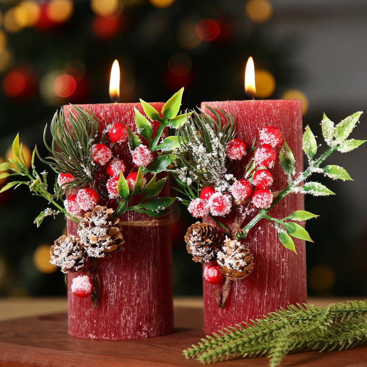 Conelist 2 Pcs Christmas Burgundy Pillar Candles 3 x 6in with Pine Branch