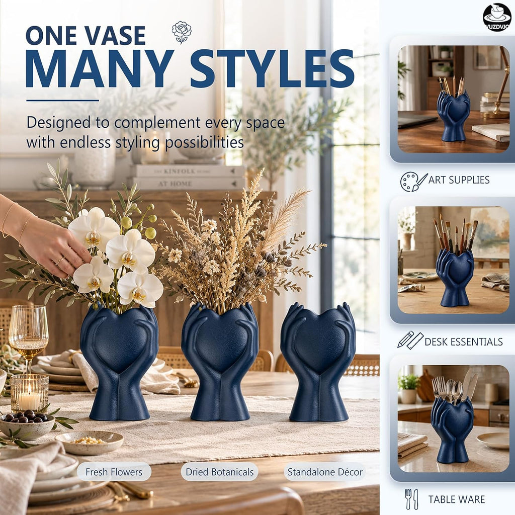 8" Heart Hand Navy Blue Ceramic Vase - Unique Modern Aesthetic Flowers Vase for Living Room Bedroom Office Kitchen Table Centerpiece or Shelf Decor-Gifts for Wedding Bridal Shower Women Mom (Blue)