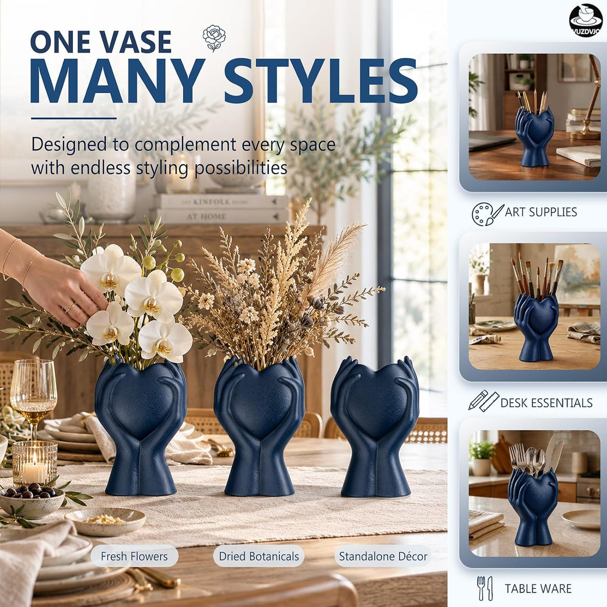 8" Heart Hand Navy Blue Ceramic Vase - Unique Modern Aesthetic Flowers Vase for Living Room Bedroom Office Kitchen Table Centerpiece or Shelf Decor-Gifts for Wedding Bridal Shower Women Mom (Blue)
