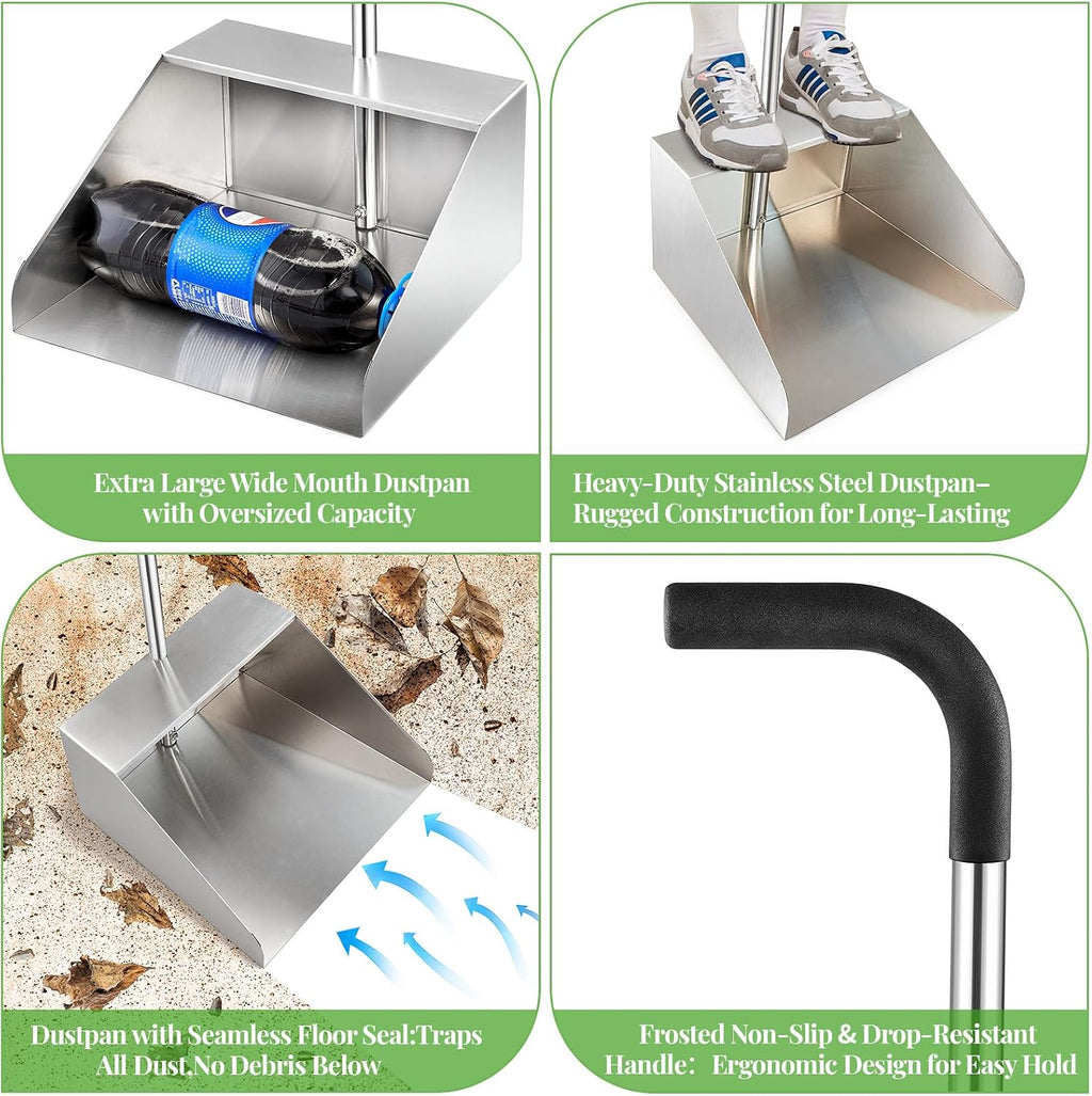 Extra Large Dust Pan with Long Handle,Metal Dust Pan for Jumbo Debris Pan
