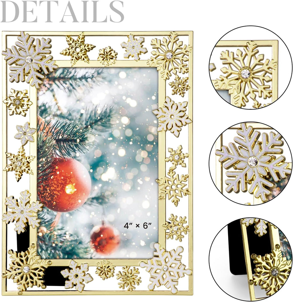 GUOER Christmas Decorations Photo Frame 4x6 Inch Snowflake Christmas Metal Photo Display Picture Photo Frames with High Definition Glass Front Gift Ideas Tabletop Home Decorative (Golden)