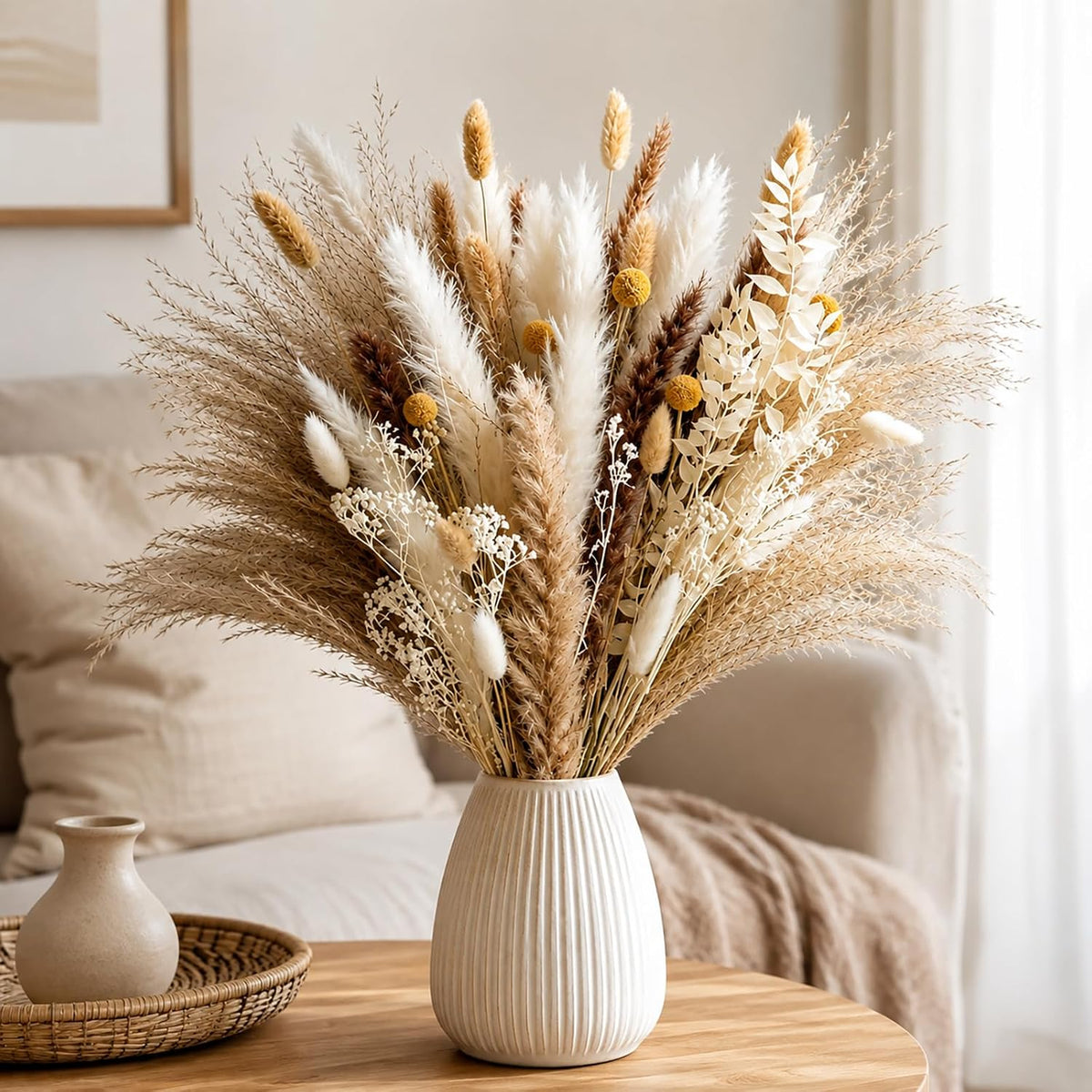 Dried Pampas Grass Bouquet, Phragmites Dried Flowers, Boho Rustic Floral Arrangement for Vase, Wedding Party Table Centerpiece, Farmhouse Modern Home Decor for Living Room Bedroom Office