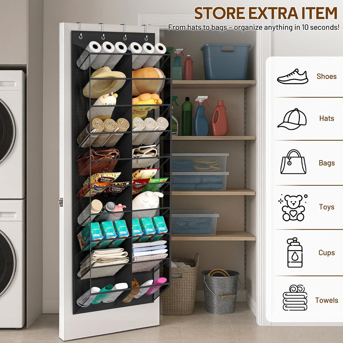 MISSLO 30 Pairs Over the Door Shoe Organizer Breathable Mesh Hanging Shoe Rack for Closet Storage with Wide Deep Pockets 10 Tier Shoes Holder Fit All the Family's Sneakers, Boots, Heels (Black, 71")