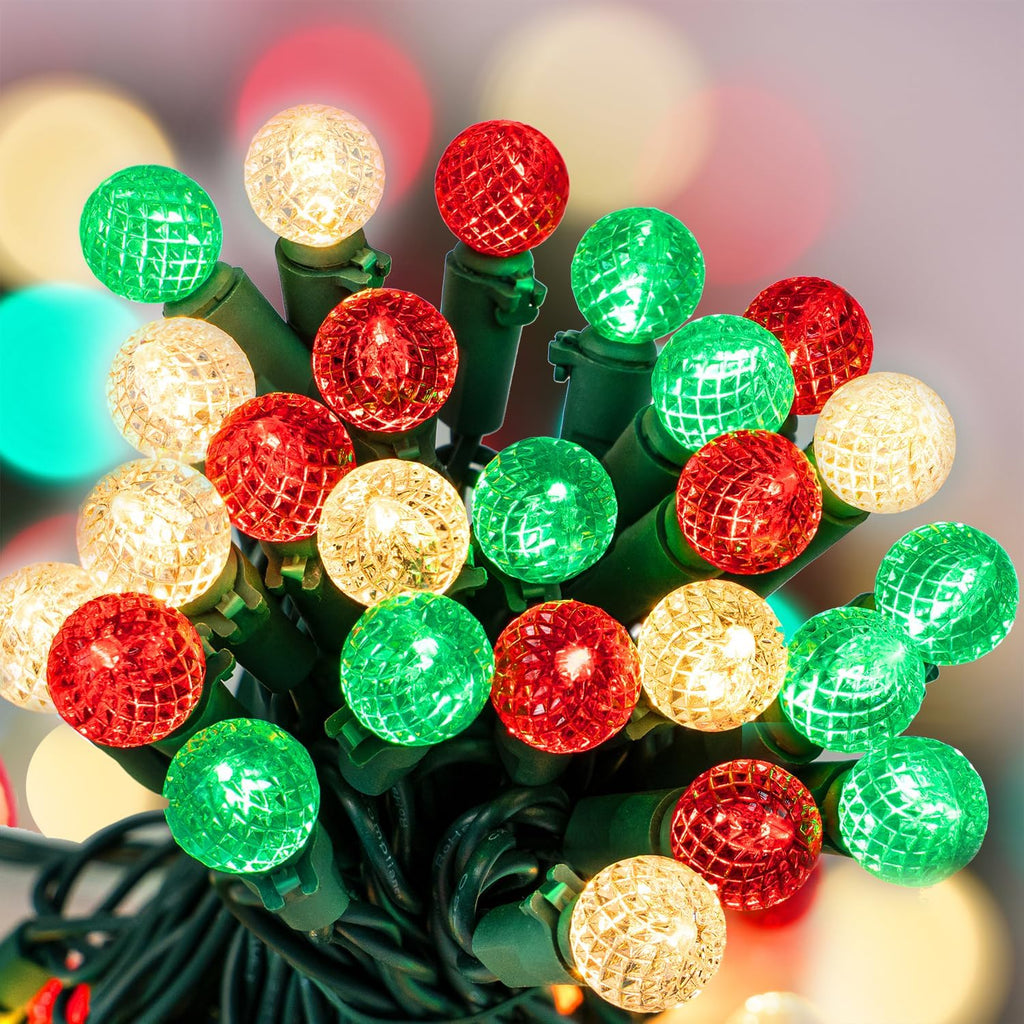 BOHON Red White and Green Christmas Lights Faceted G15 50 LED 17ft Plug in
