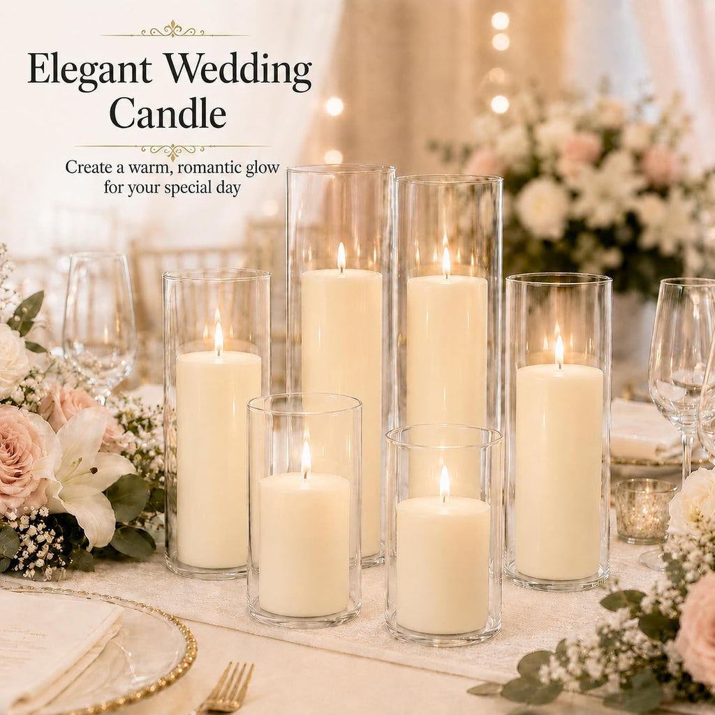 Set of 6 Pillar Candles with Clear Glass Hurricane Holders- Elegant Cylinder Candle Vases for Weddings, Parties, Centerpieces, Home & Office Decor (Lvory White, 6 Set)