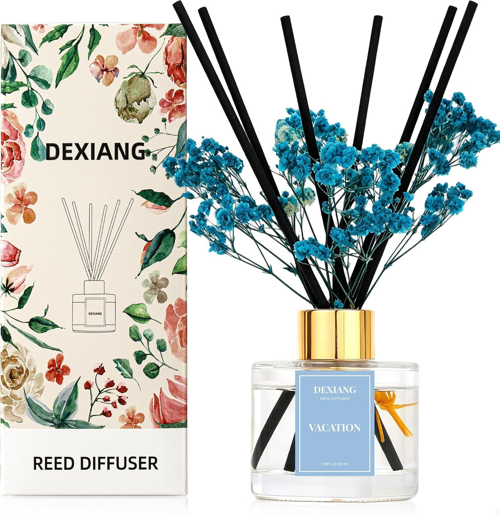 Reed Diffuser Set,3.38 fl oz (100 ml) Vacation Oil Diffusers with 6 Reed Sticks for Bathroom Shelf Decor Home Fragrance Reed Diffuser