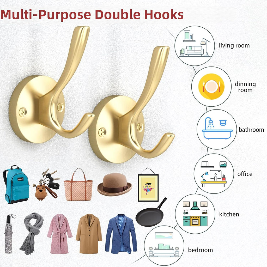 Coat Hooks for Hanging Coat Hooks for Wall Mounted Brass Wall Hooks Heavy Duty Brushed Robe Closet Hooks for Hanging Coats Entryway Metal Towel Hooks for Bathrooms (8, Gold)