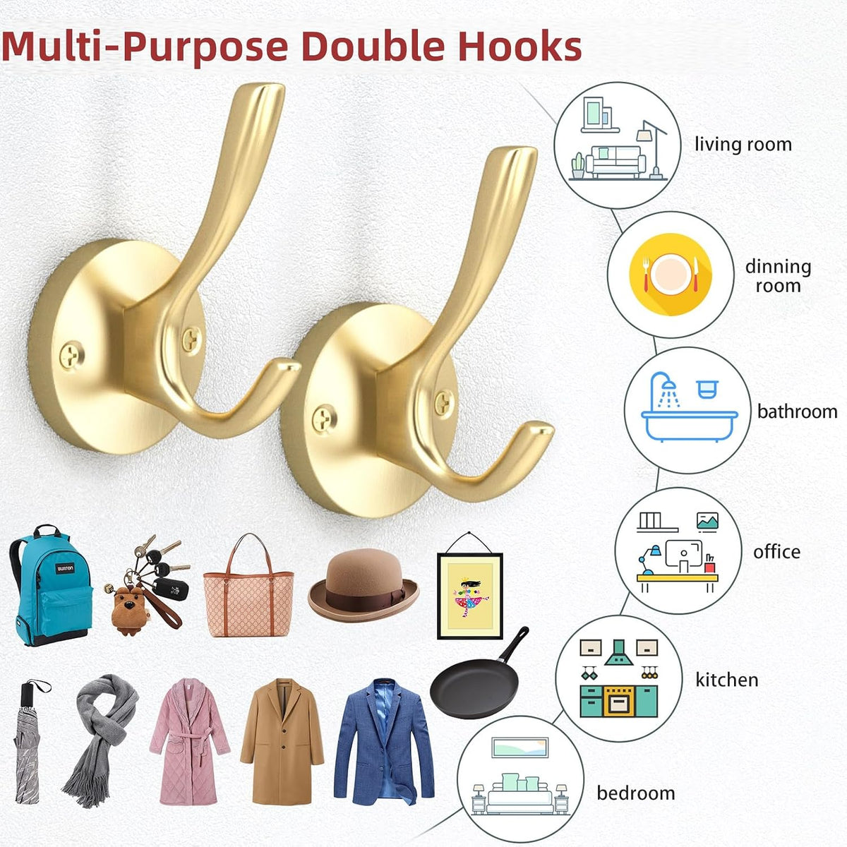 Coat Hooks for Hanging Coat Hooks for Wall Mounted Brass Wall Hooks Heavy Duty Brushed Robe Closet Hooks for Hanging Coats Entryway Metal Towel Hooks for Bathrooms (8, Gold)