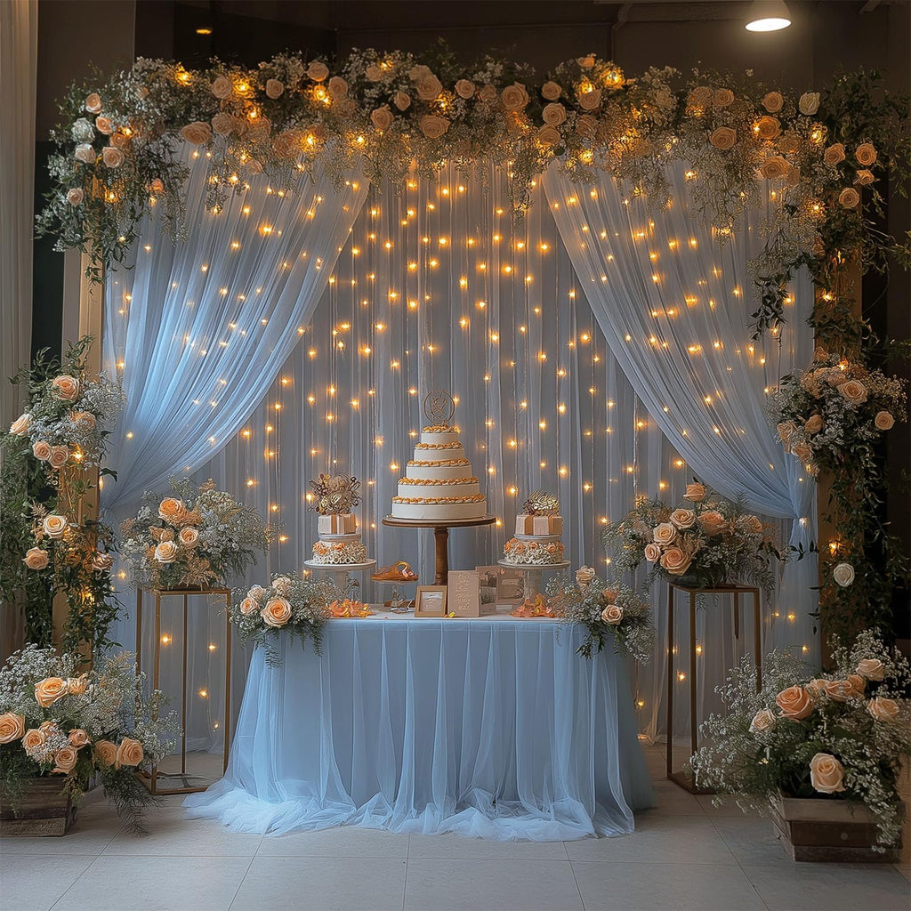 10x10ft Baby Blue Tulle Backdrop Curtain with Lights String Sheer Drapes for Baby Shower Decorations for Boy, Bridal Shower, Photo Booth, Birthday Party Decor(2 Panels)