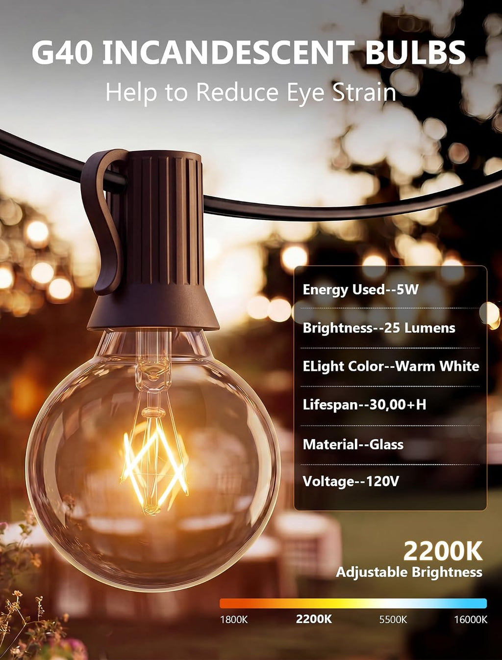 G40 Replacement Bulbs for Outdoor String Lights, 25 Pack 5 Watt Clear Glass Globe Incandescent Light Bulbs, E12 Candelabra Base, 2200K Warm White Vintage Edison Bulbs, Waterproof