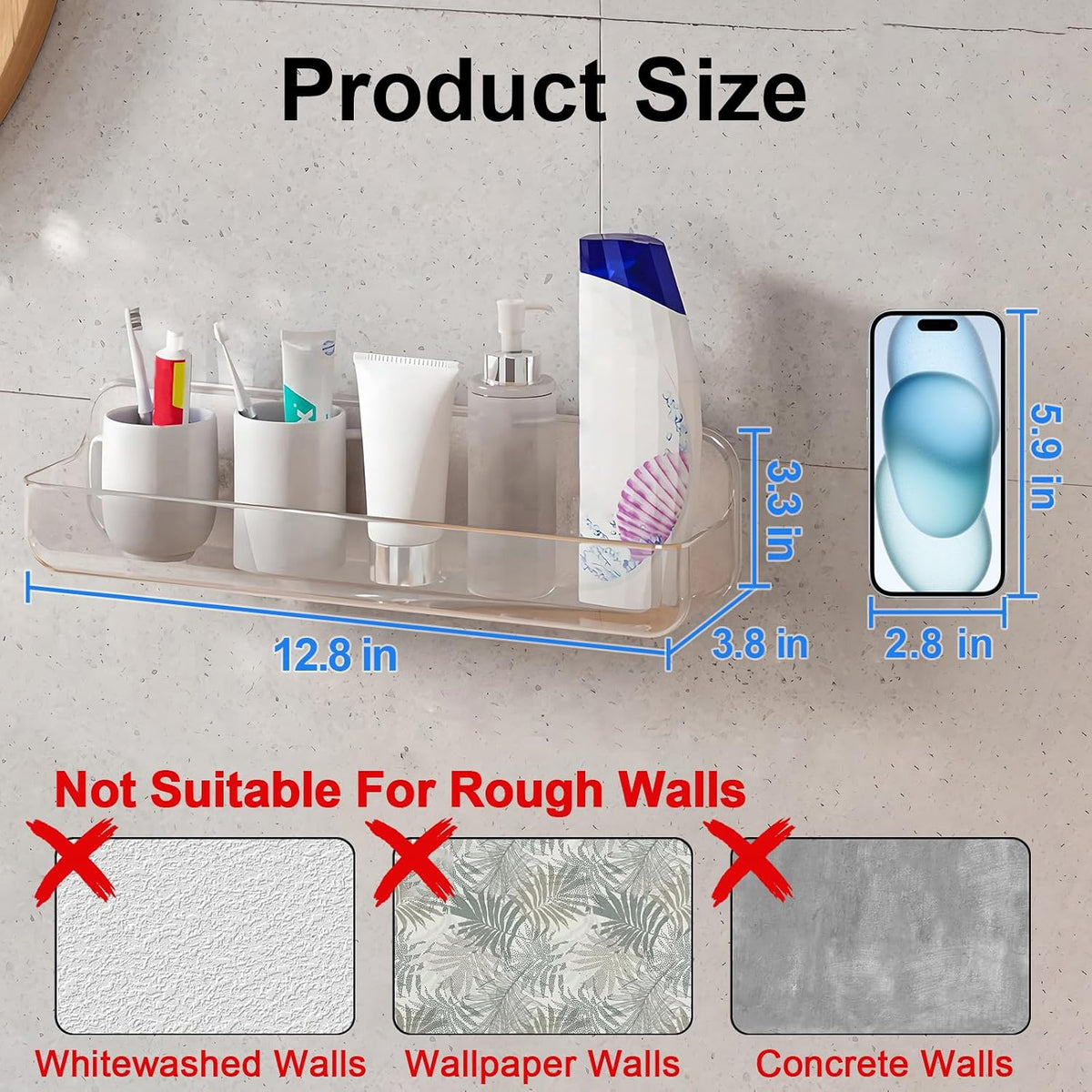 Diesisa Acrylic Wall Mounted Shower Caddy, Large, Adhesive Bathroom Shelves