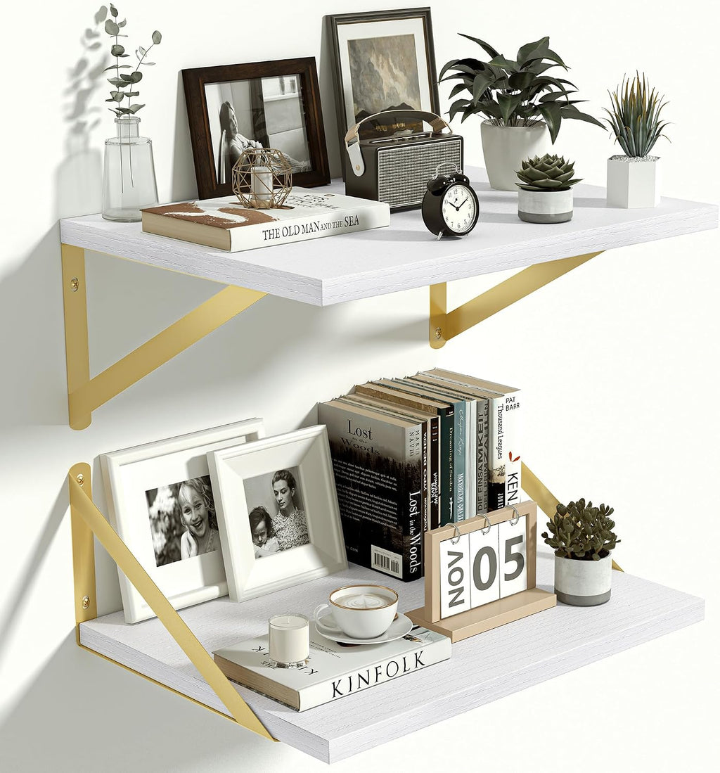 Heimlove 12 Inch Deep White Floating Shelves for Wall，Wood Floating Shelves 16" W x 12" D Set of 2，Wall Mounted Shelves for Living Room, Bedroom, Kitchen, Bathroom and Decor Storage,Gold Bracket