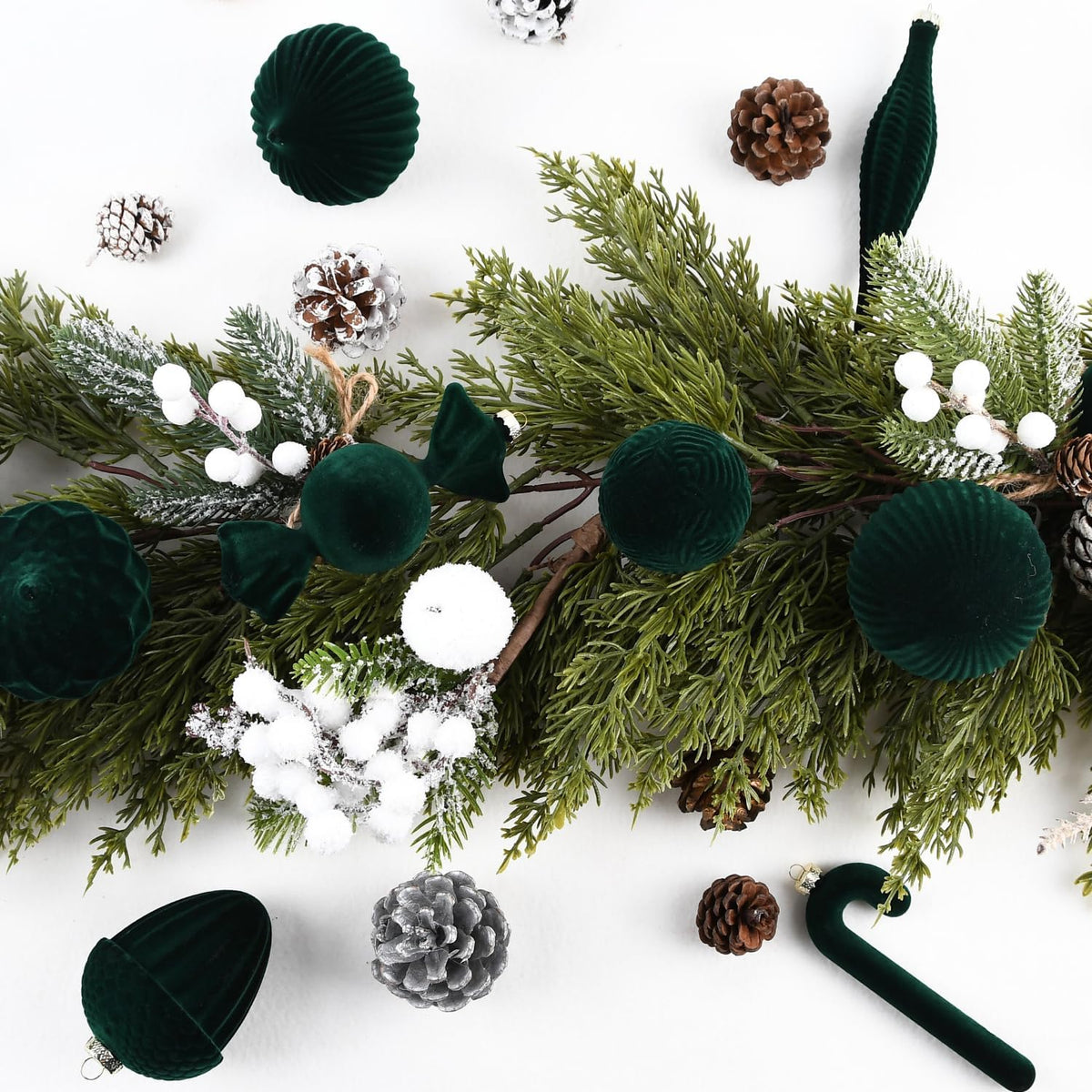 Velvet Ornaments for Christmas Tree Decorations - Dark Green Flocked Christmas Ornament Set for Winter Holiday Decor - Shatterproof Xmas Balls Ornaments Bulk - Pack of 24