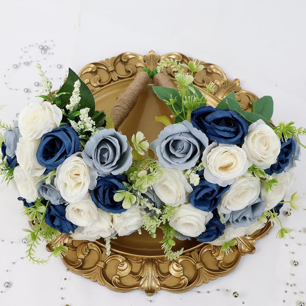 Bridesmaid Bouquets for Wedding - 7 Inch Artificial Flower Bouquet for Party Ceremony Anniversary Dinning Table Centerpieces Decor -Navy Blue & Dusty Blue & White