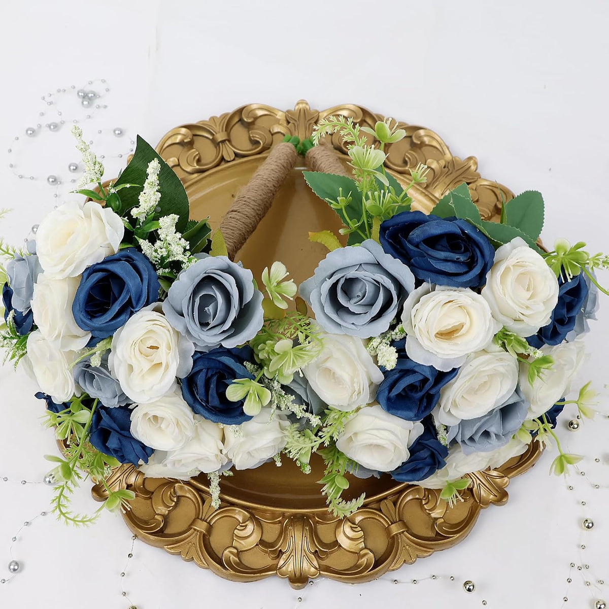 Bridesmaid Bouquets for Wedding - 7 Inch Artificial Flower Bouquet for Party Ceremony Anniversary Dinning Table Centerpieces Decor -Navy Blue & Dusty Blue & White