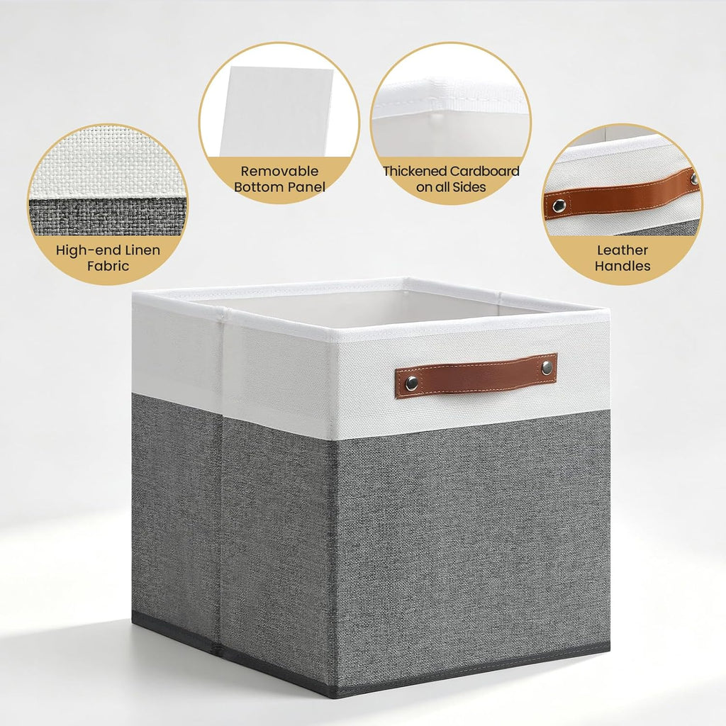 Posprica 13x13x13 Storage Cube Bins, Foldable Fabric Organizer Bins Storage Cubes Baskets Box Drawers for Shelves, Closet, Wardrobe, Bookshelf, 4 Pack, White/Gray
