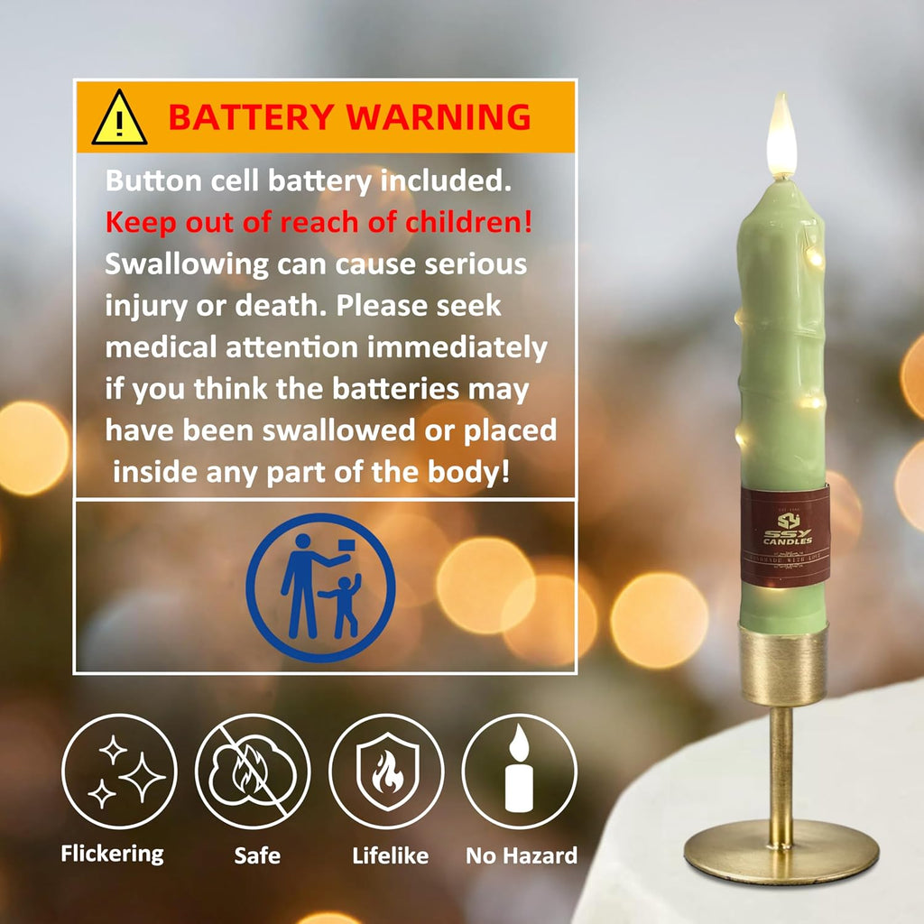 6.5 inch Green Flameless Candle with String Light Window Candles with Remote Timer Battery Operated Taper Candle LED Taper Candles Set of 4