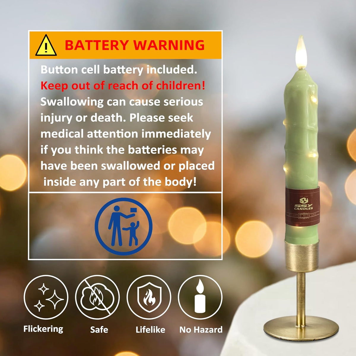 6.5 inch Green Flameless Candle with String Light Window Candles with Remote Timer Battery Operated Taper Candle LED Taper Candles Set of 4