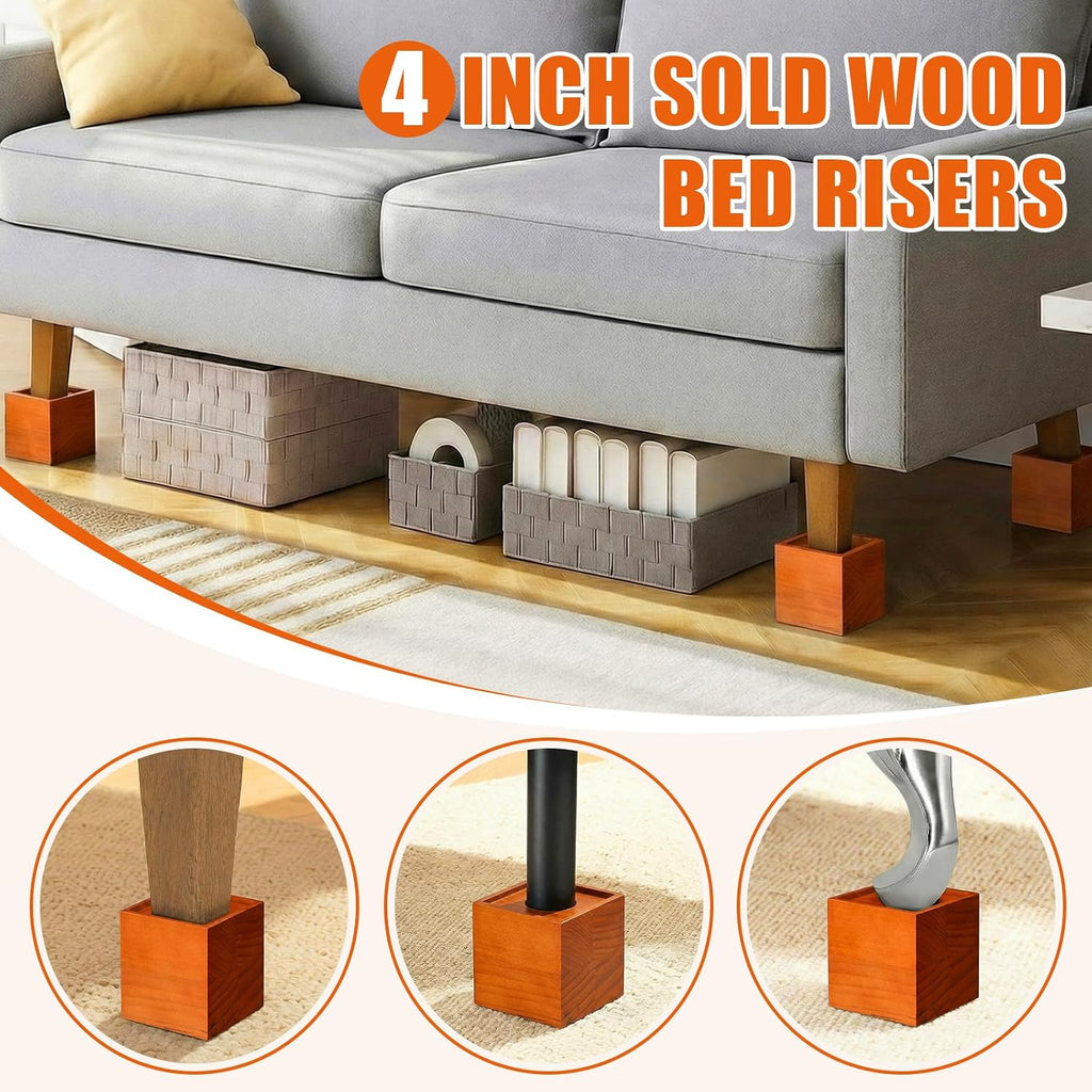 4 Pcs 4" Solid Wood Bed Furniture Riser Light Brown Couch Lifter