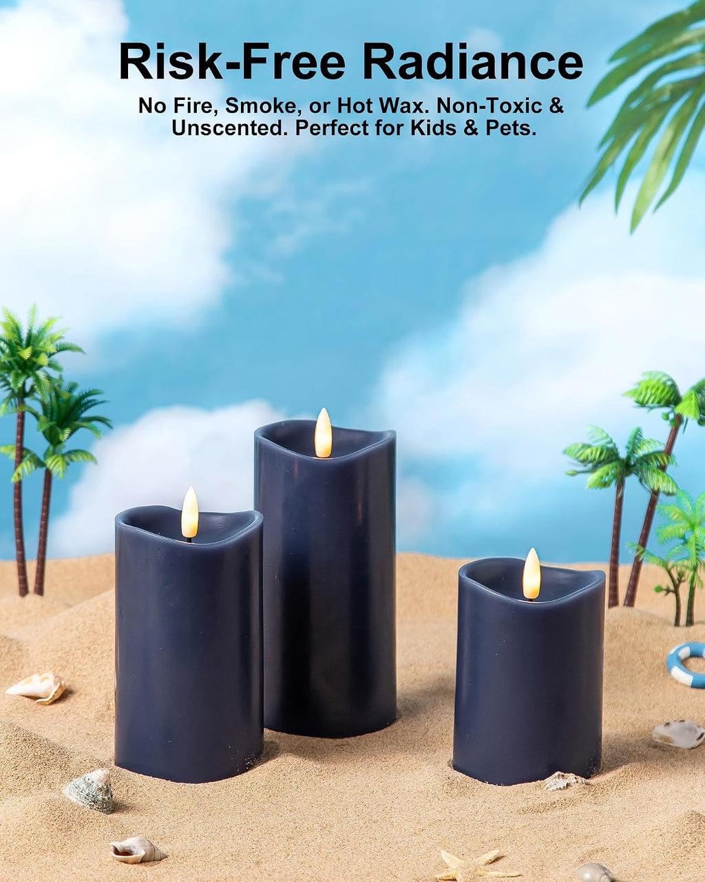 Navy Blue Real Wax Flameless Pillar Candles with Remote and Timer, Set of 3