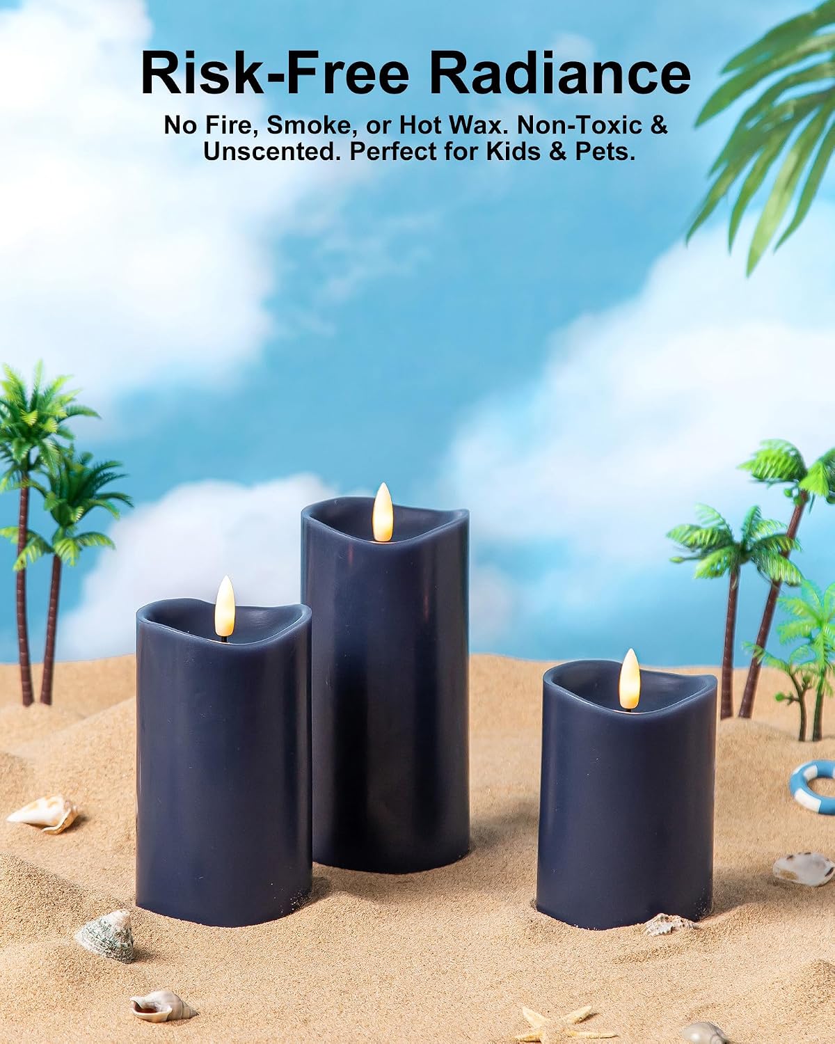 Navy Blue Real Wax Flameless Pillar Candles with Remote and Timer, Set of 3