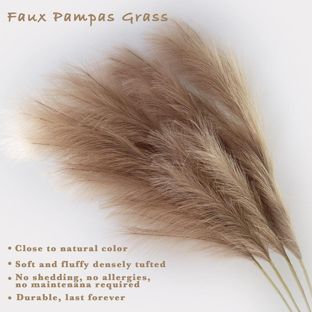 4pcs Faux Pampas Grass Tall 43” / 3.6ft, Non-Shedding Large Artificial Fluffy Reed Fake Flower Feather Arrangement for Floor Vase Filler Boho Farmhouse Home Wedding Decor (Light Brown)