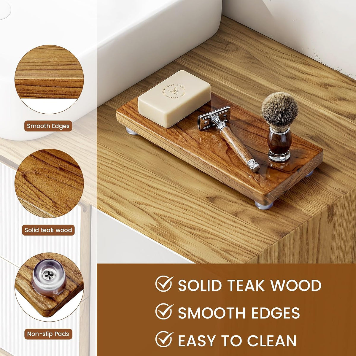 Solid Teak Wood Riser Tray, 10.5x5 inch Whole-Piece Teak Pedestal Stand, Vintage Rustic Bathroom Decor for Vanity Counter Sink, Candle Plant and Essential Oil Display, Brown M1