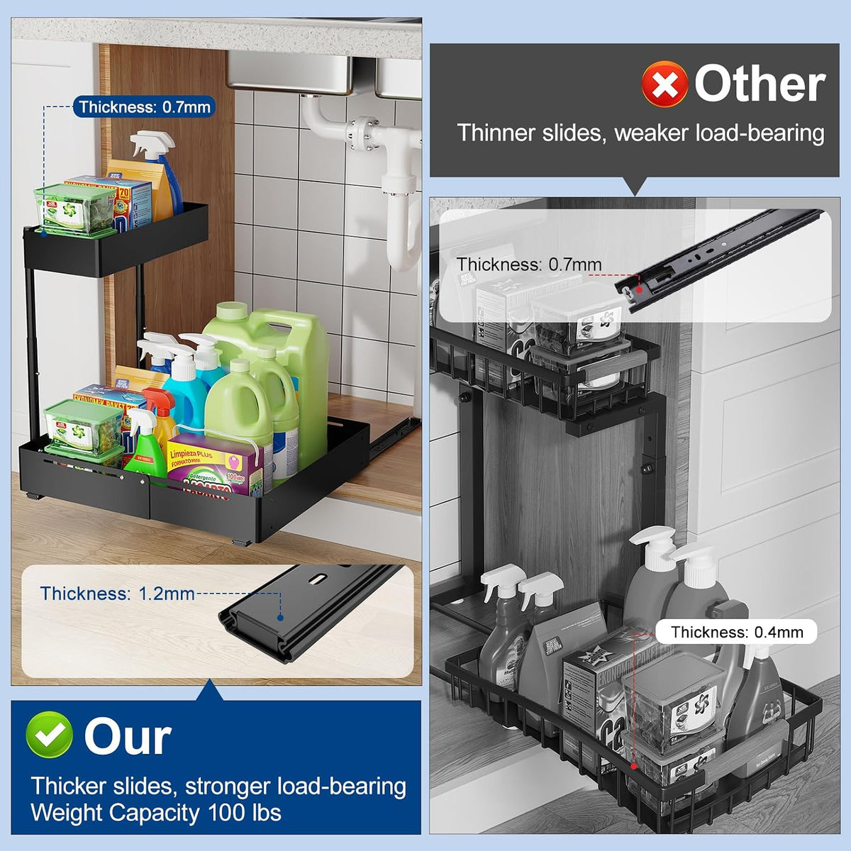 Insputer 2 Pack Under Sink Organizer, 2 Tier Under Cabinet Storage Expandable Width 9.8"-15" & Height Adjustable, Thickened Pull Out Shelf for Bathroom, Kitchen, Laundry, Pantry(Black)