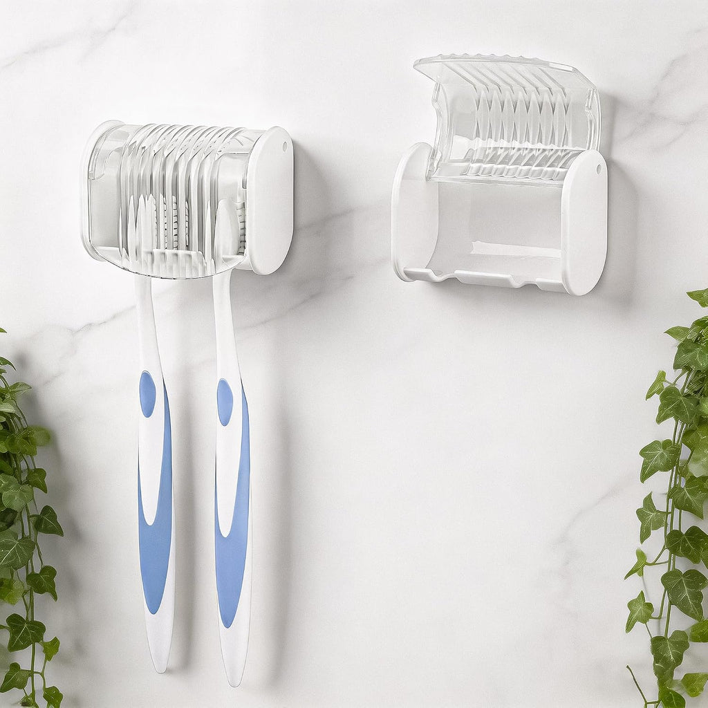 2 Pack Toothbrush Holder Wall Mounted with Cover for Bathroom, 2 Slots Toothbrush Storage Organizer for Shower, Self Adhesive Toothbrush Hanger (White)