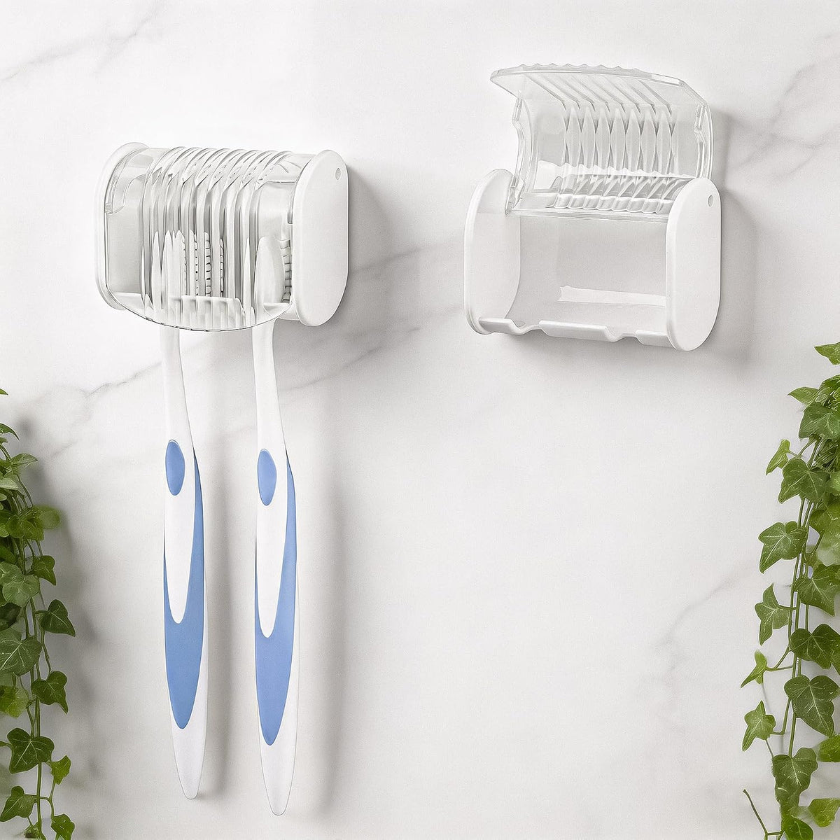 2 Pack Toothbrush Holder Wall Mounted with Cover for Bathroom, 2 Slots Toothbrush Storage Organizer for Shower, Self Adhesive Toothbrush Hanger (White)