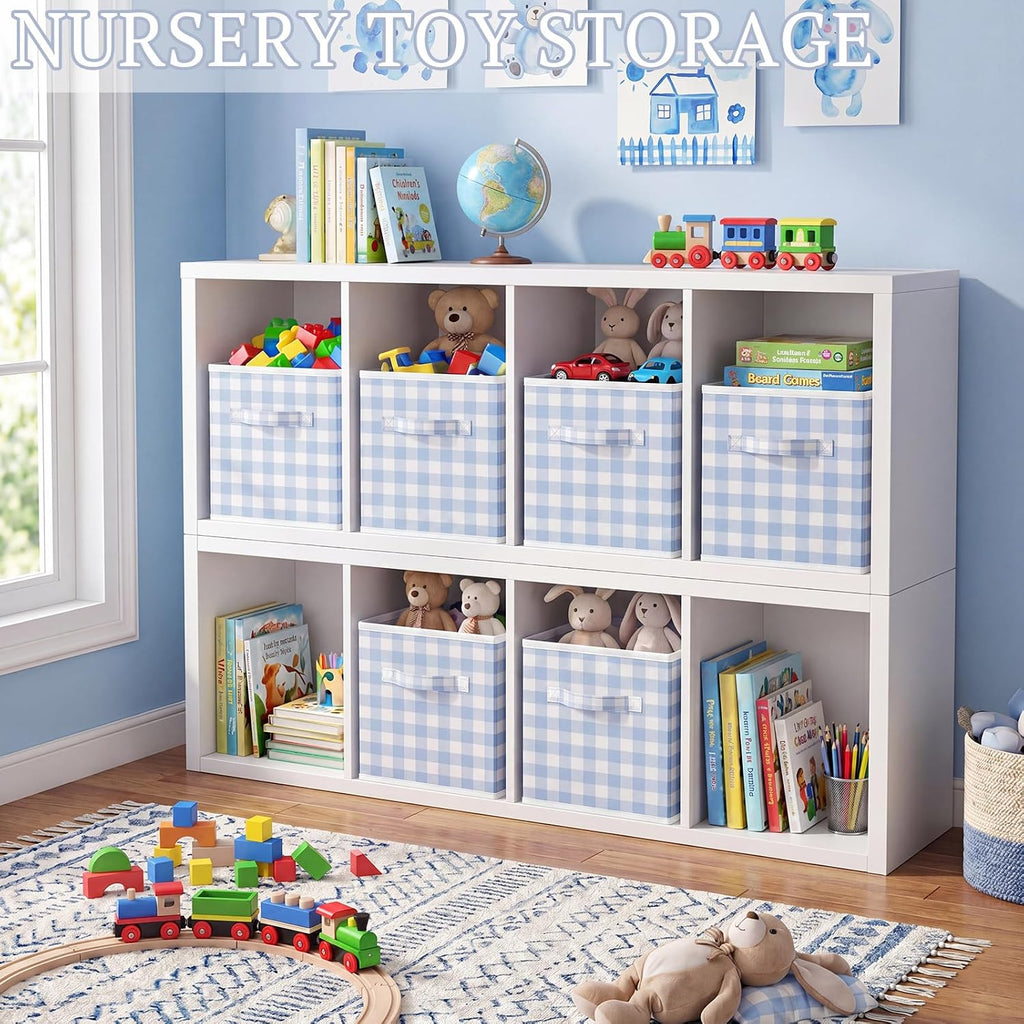 Yalikop 6 Pcs Blue Gingham Cube Storage Bins, 11 Inch Fabric Checkered Classroom Storage Bins Organizer with Handle Preppy Collapsible Cubby Basket for Classroom Home Nursery Playroom Bedroom