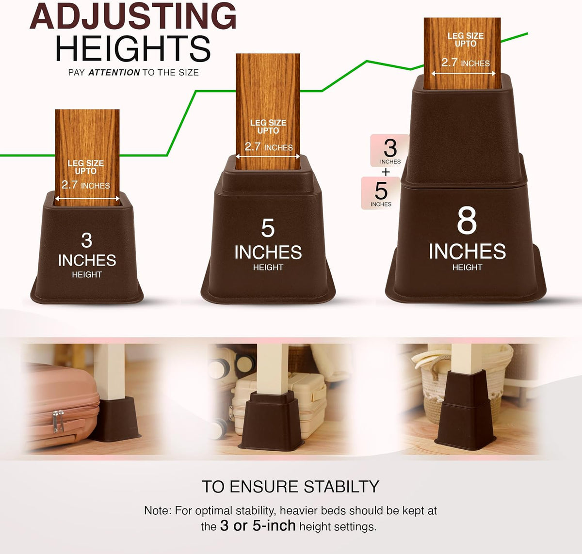 Utopia Bedding Adjustable Bed Risers 3 & 5 Inch, Brown, 4-Pack
