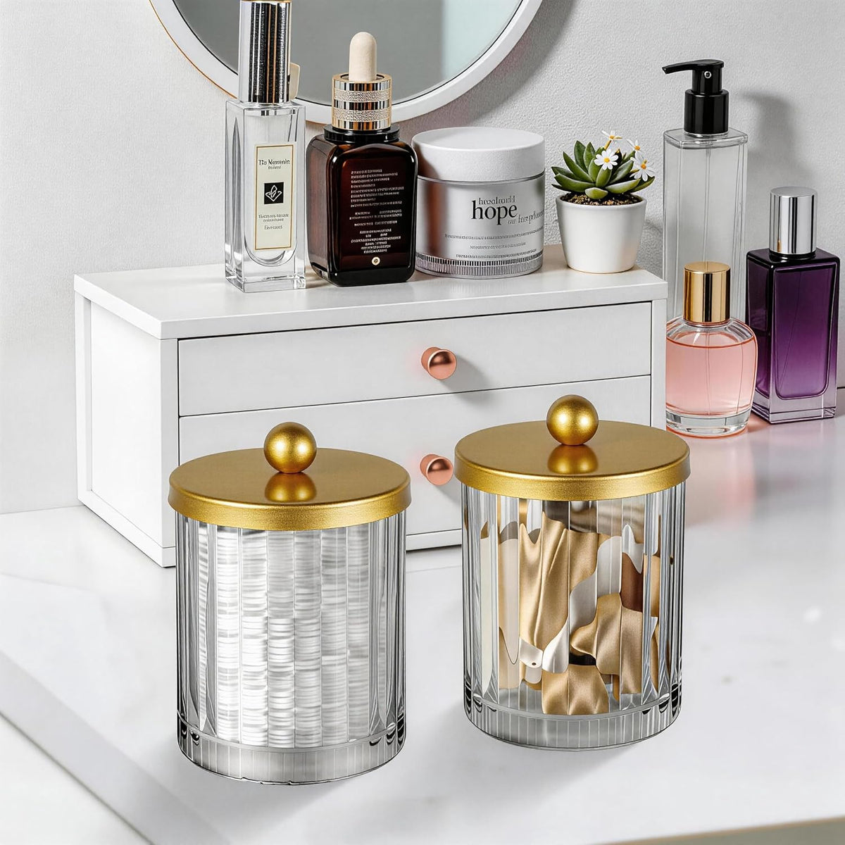 Amolliar Qtip Holder for Bathroom, Clear Glass Apothecary Jars(Gold 4 Pack)