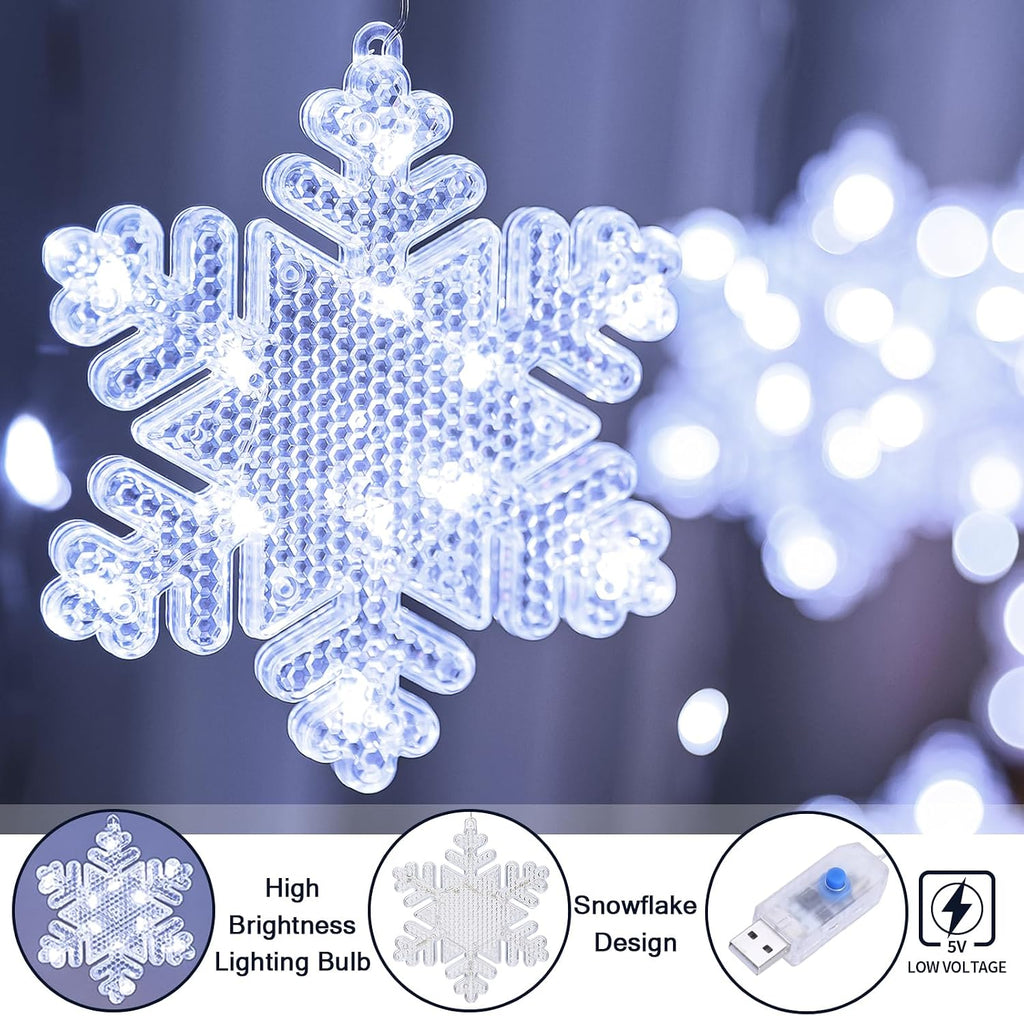 BLOOMWIN Christmas Window Lights Indoor - 2M 160 LED Christmas Window Decorations, Snowflake Curtain Hanging Fairy String Icicle Lights for Xmas Noel Bedroom Holiday Home Outdoor, Cold White USB