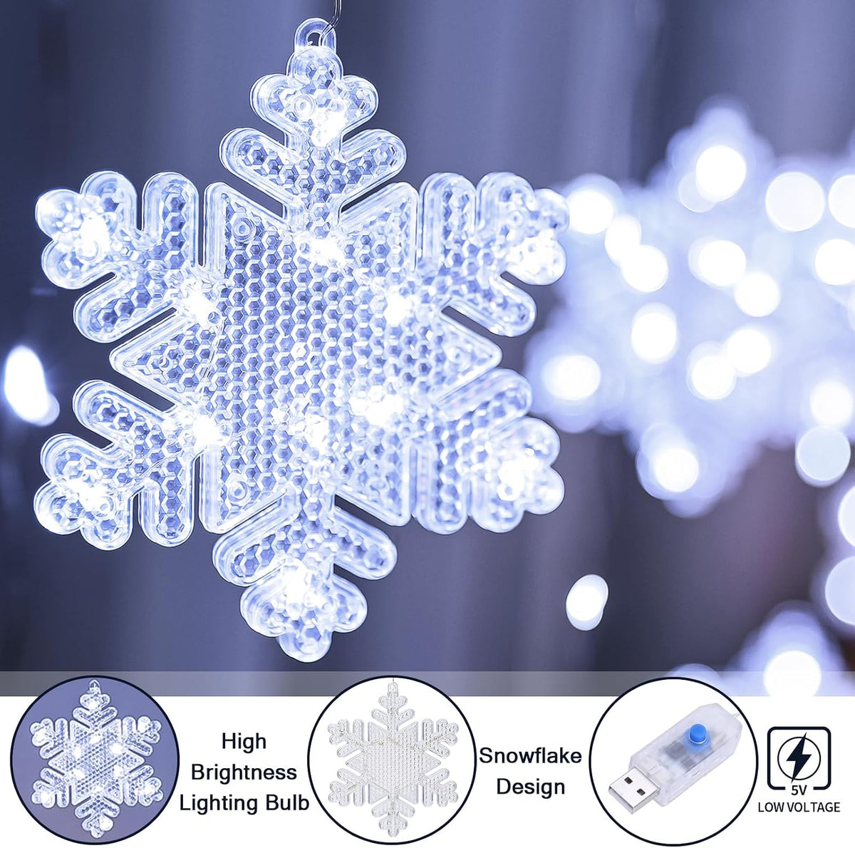 BLOOMWIN Christmas Window Lights Indoor - 2M 160 LED Christmas Window Decorations, Snowflake Curtain Hanging Fairy String Icicle Lights for Xmas Noel Bedroom Holiday Home Outdoor, Cold White USB